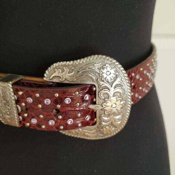 Ariat Burgundy Leather Bling Belt 32 Crystal Reptile Print Tooled Buckle Western - Picture 11 of 11